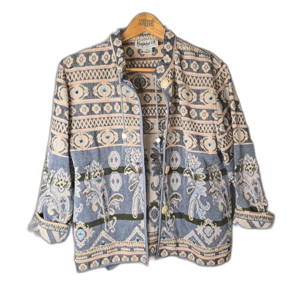 Flashback Tapestry Jacket Blue Tan Medium Boho Art To Wear Loop Buttons